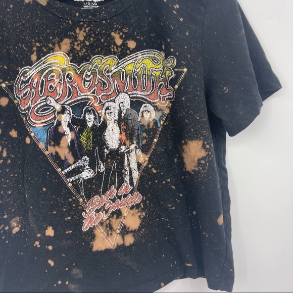 Aerosmith Vintage Custom Bleach Splatter Reverse Dyed Graphic Baby Tee SZ L - Picture 2 of 5